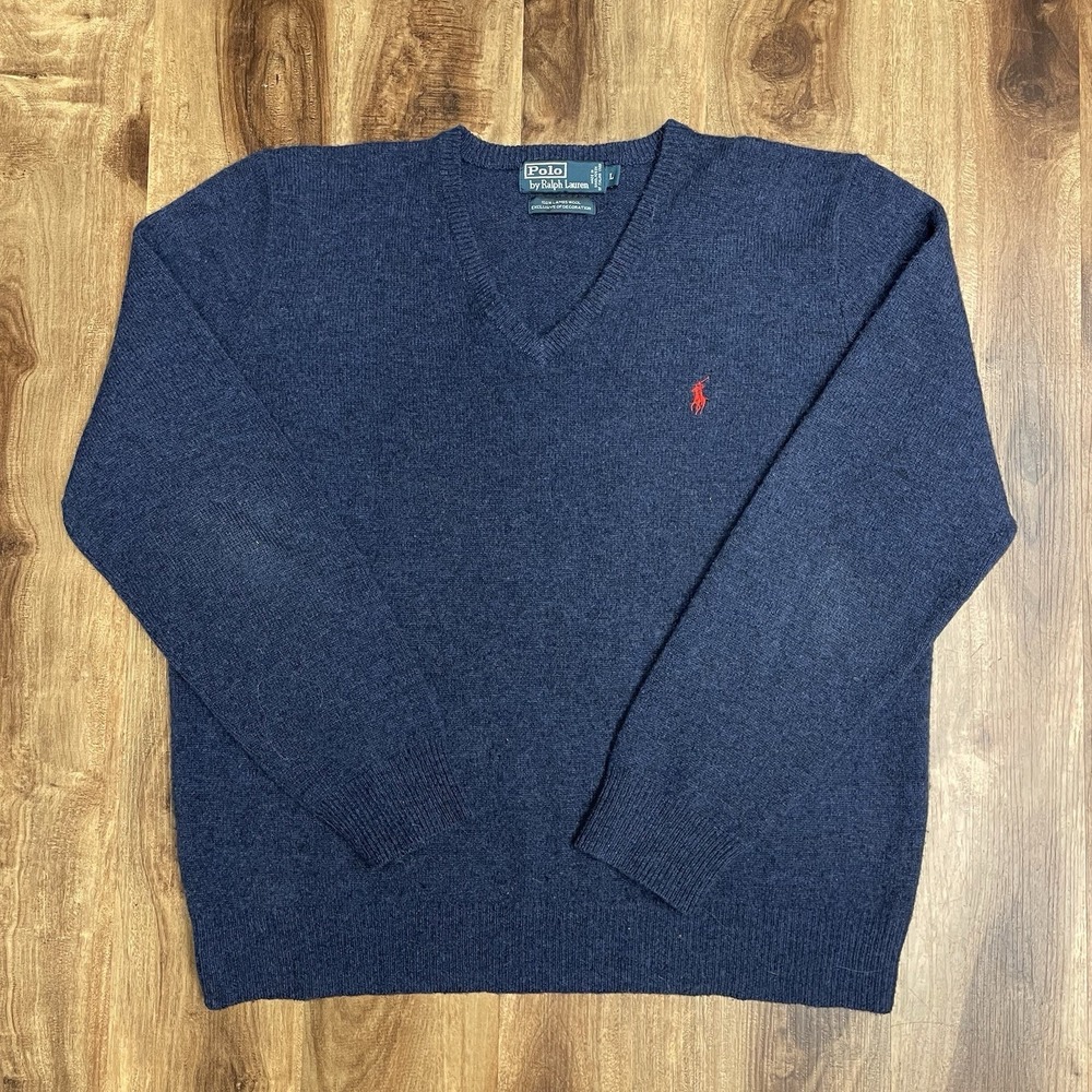 Polo Ralph Lauren Sweater Men's L Blue Red Pony 100% Lambs Wool Preppy Casual